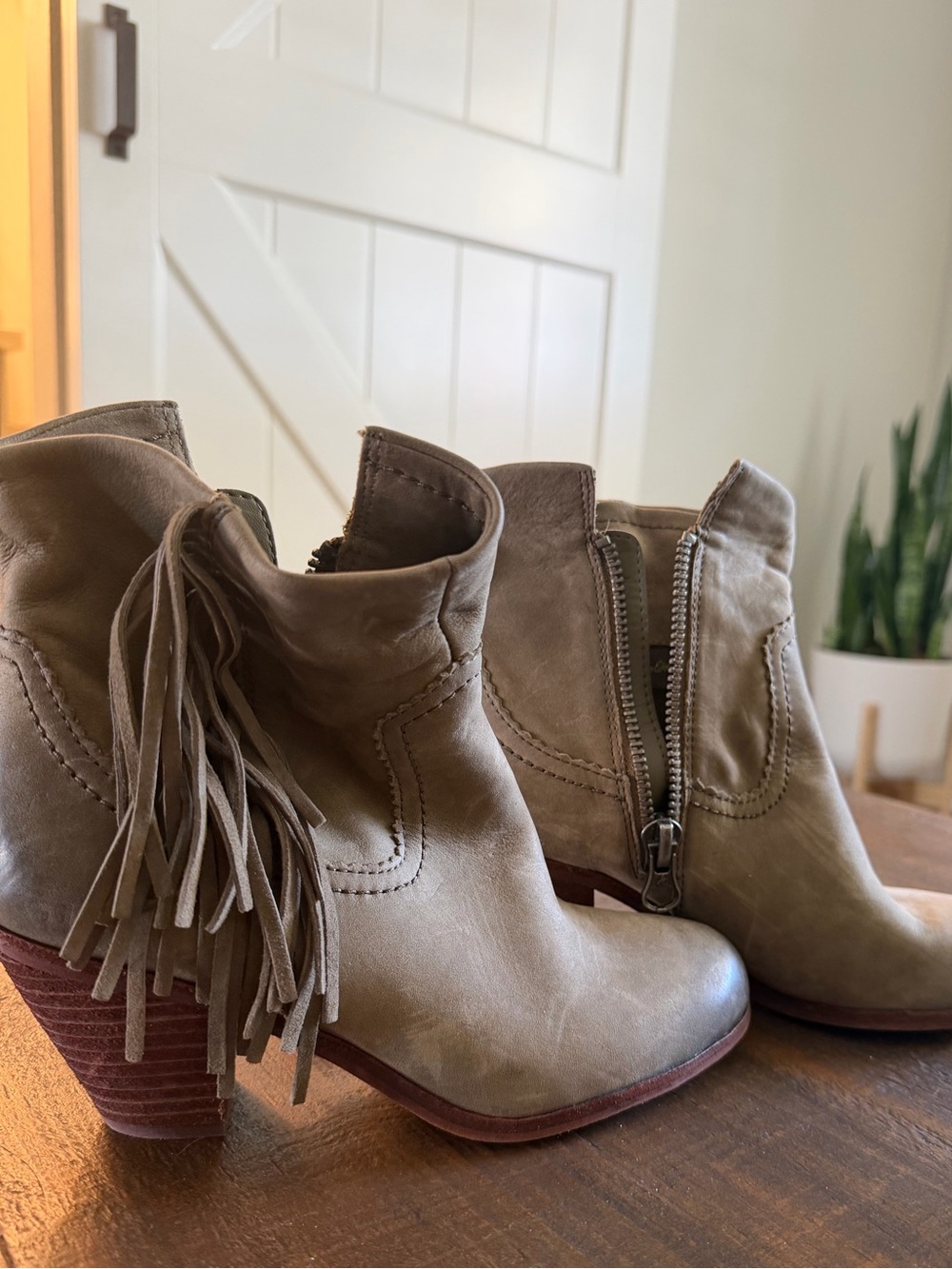 Sam Edelman army green Fringe Leather Ankle Booties